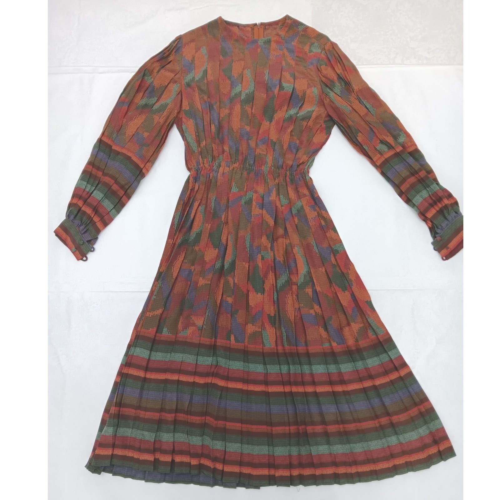 Harold Levine Vintage Earth Tone Abstract Striped Pleated Midi Dress Women's Med